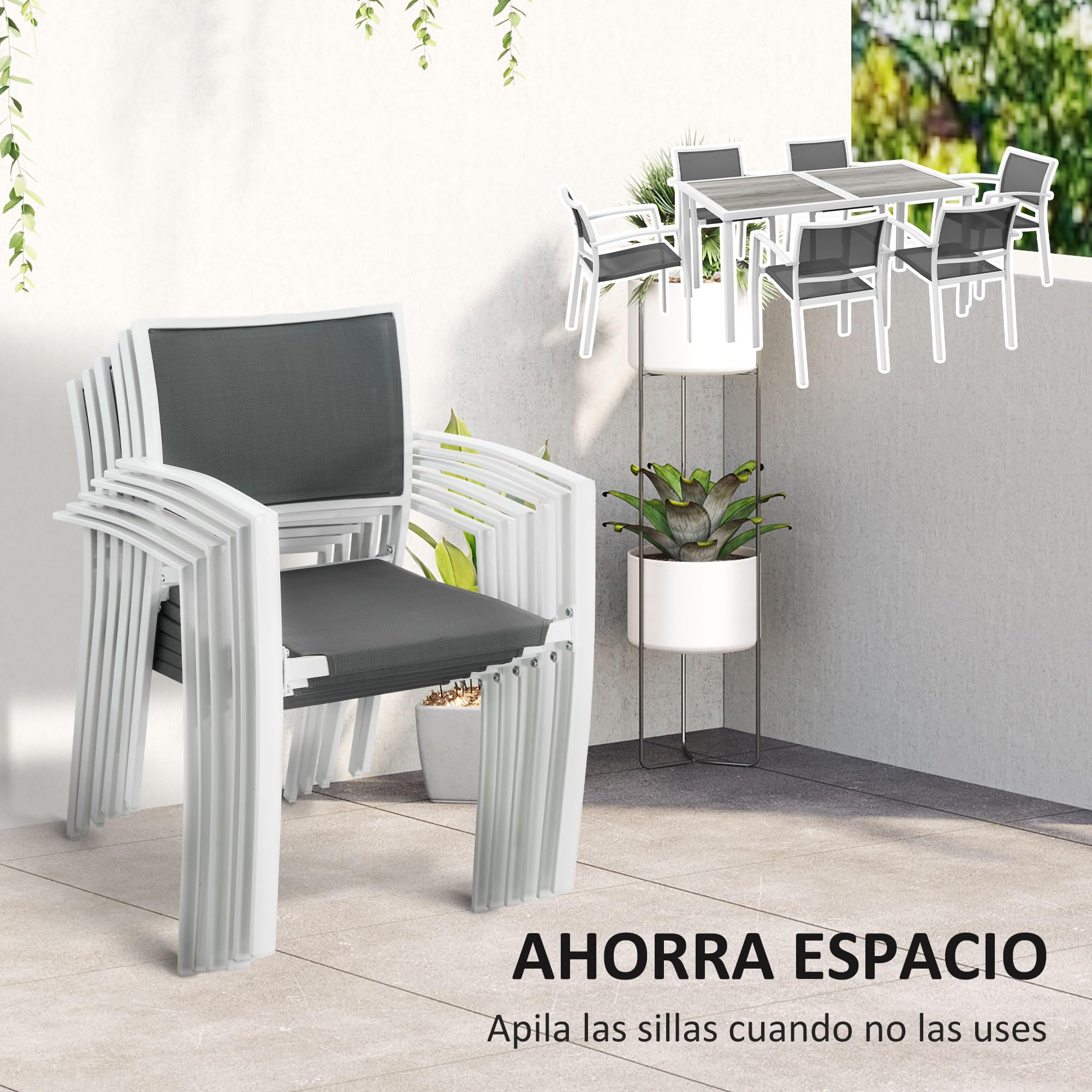 Outsunny Conjunto de Comedor de Exterior Juego de Comedor de Jardín de 7 Piezas con 6 Sillas Apilables y 1 Mesa Rectangular Estilo Moderno para Patio Terraza Blanco y Gris