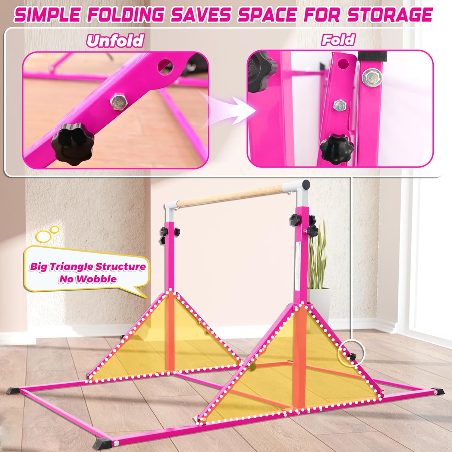 PreGymnastic Foldable Gymnastics Bar, 5.6FT Folding Horizontal Bars for Kids Ages 3-12, Weight Limit 350 LBS, Adjustable kip Bar, Children Home Gym Equipment Indoor