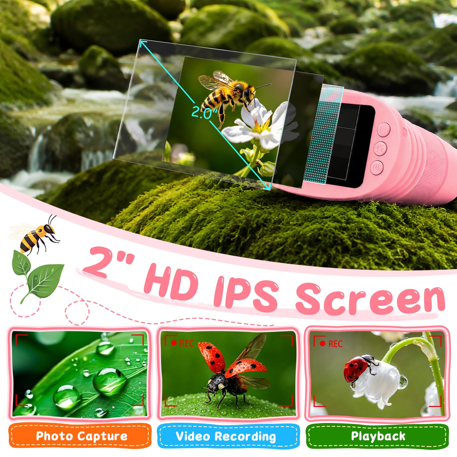 Microscopio para Niños 1000X, Microscopio Digital Portátil con Pantalla IPS de 2 Pulgadas, 8 LED Ajustables, Función Foto y Video, Juguete Educativo para Niños y Niñas (Rosa)