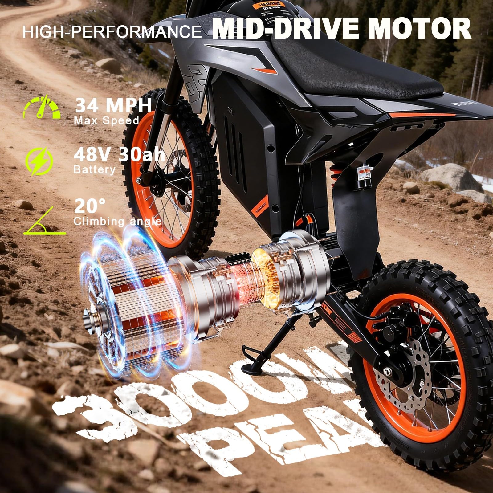 HWWH D5 E-Motocross Elektro Motorrad 48V 30Ah Akku, kraftvoller Motor, 14/12 Zoll Offroad-Reifen, Dual-Hydraulikbremse, Federung – 50km Reichweite – Nur für Privatgelände