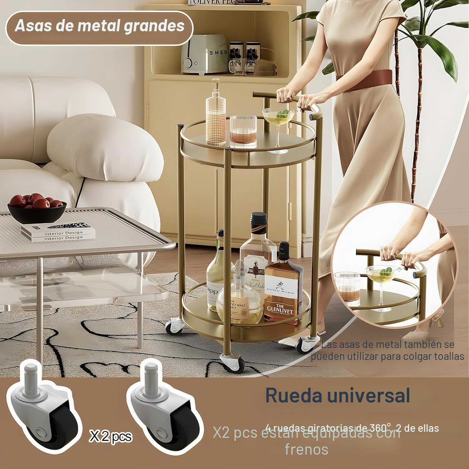 Huhote Carro de servicio 2 niveles, carrito de cocina, estante de cocina con ruedas, carrito de almacenamiento