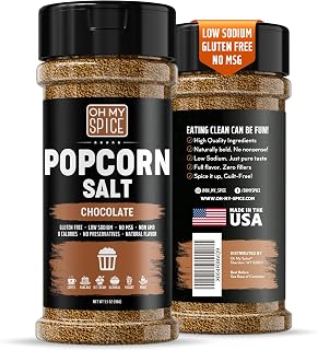 Popcorn Salt Chocolate Powder Mix - Gluten Free & Low Sodium Cocoa Powder Popcorn Salt Seasoning. Movie Night Pop Corn Flavoring Seasoning. Pop Corn Seasonings Salts. Sweet Cacao Blend Topping. 5.5oz