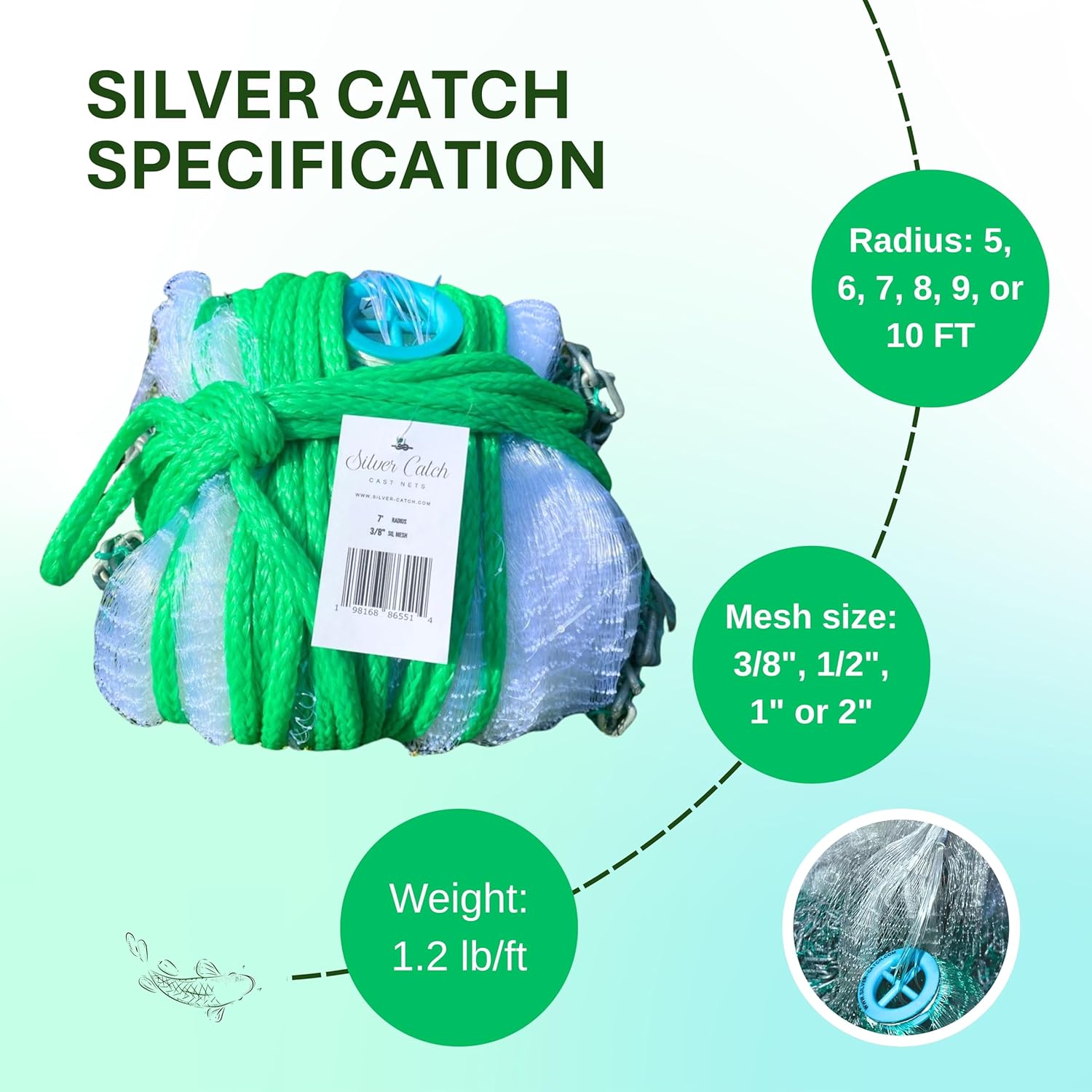 Cast Nets 4.5ft-10ft Radius|3/8",1/2",1" Mesh for Fishing with Chain Bottom, Salt Water Casting Fishing Net Gear, Easy Throw Nets Fishing Bait - Elite Series