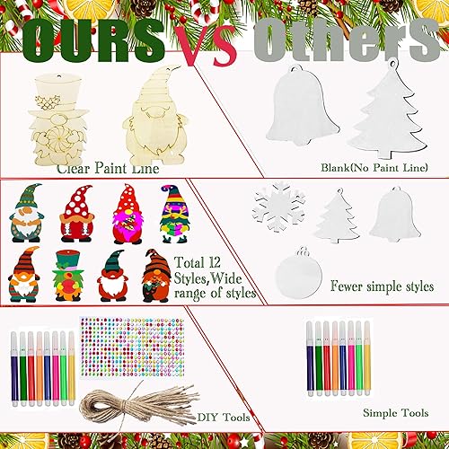 Miniatura 3 de 40 piezas de adornos de madera de Navidad, rebanadas de madera sin terminar para pintar con 8 estilos, adornos de madera de Navidad, manualidades,