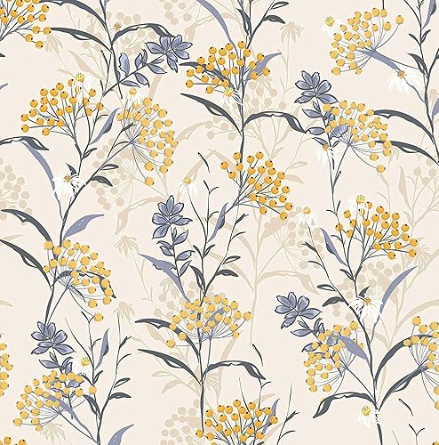 Blooming Wall DPY08 - Papel pintado a mano para despegar y pegar acuarela, sin costuras, flores amarillas frescas con hojas azules, papel tapiz