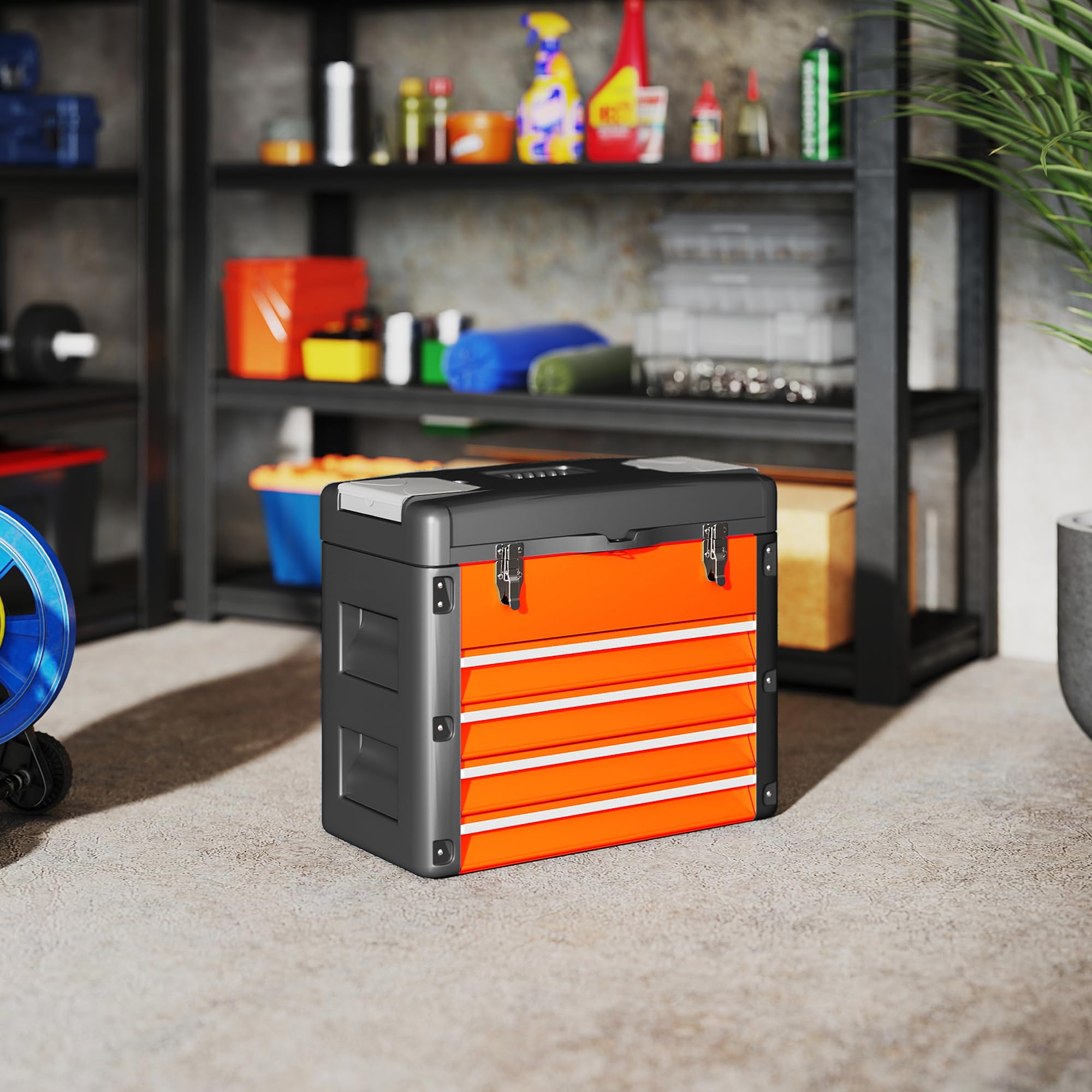 HOMCOM Cassetta Porta Attrezzi con 4 Cassetti Arancione e Nero | Scomparto Superiore, Cassettiera per Utensili e Minuterie, in Acciaio e Plastica