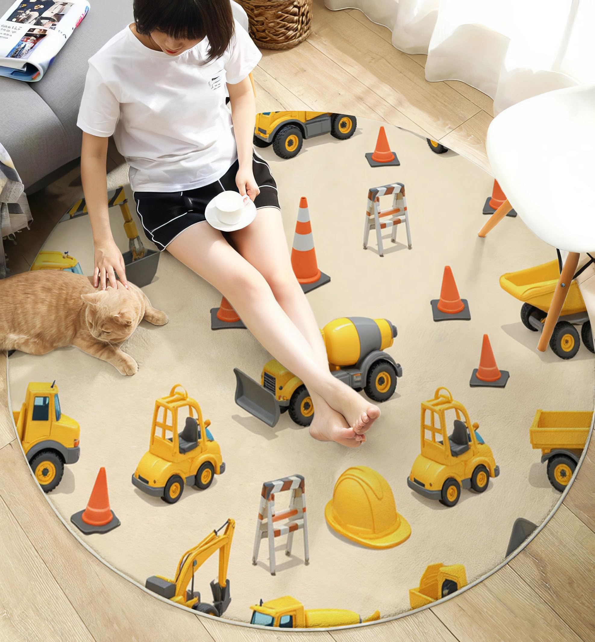 Tappeto Stile cartone animato Salotto, Veicoli da costruzione Mandala Tappetini Antiscivolo Tappeto per Bambini Cameretta Cucina Casa Zona Balcone Tappet Tavolino (100cm)