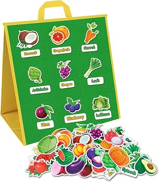AKAYOK Foldable Felt Board for Toddlers Felt Pieces Fruit Vegetable Felt Flannel Board Pieces Learning Fruit Vegetable with Name Double Sided Felt Story Board Reusable Wall Hanging Gift for Kid