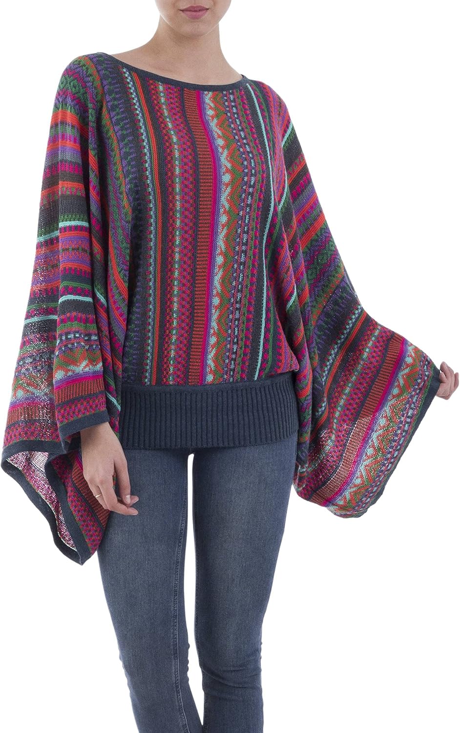 NOVICA Artisan Handmade Striped Kimono Sleeve Sweater Colorful Alpaca Wool Blend from Peru 'Fiesta Dance'
