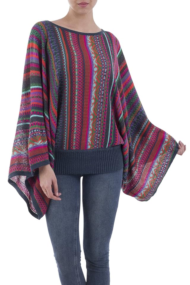 NOVICA Artisan Handmade Striped Kimono Sleeve Sweater Colorful Alpaca Wool Blend from Peru Fiesta Dance