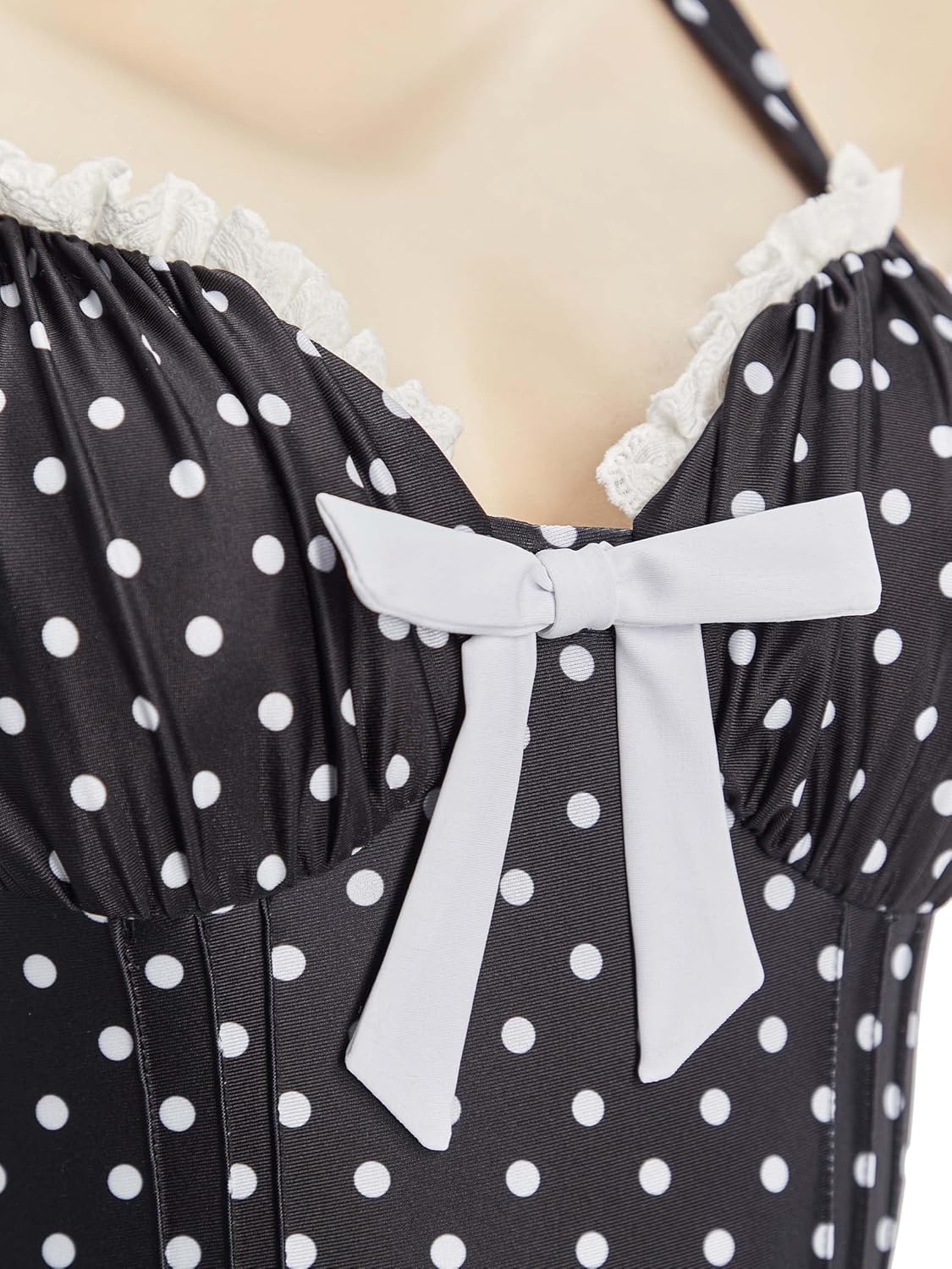 Women One Piece Swimsuits 90's Vintage Retro Princess-Style Black Polka-dot Tummy Control Bathing Suit