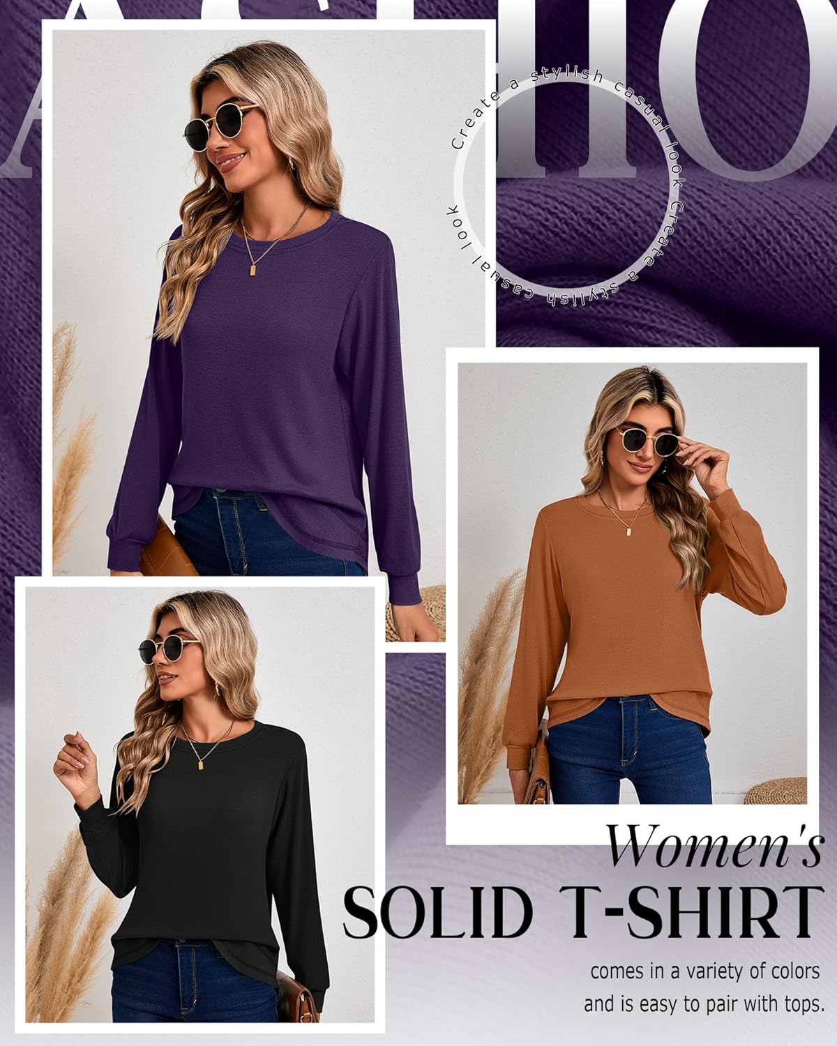 Ficerd 3 Pack Women's Long Sleeve Shirts, Cotton Crew Neck Tunic Tops Casual Loose Fit Pullover Sweatshirts Curved Hem Shirts - Image 4