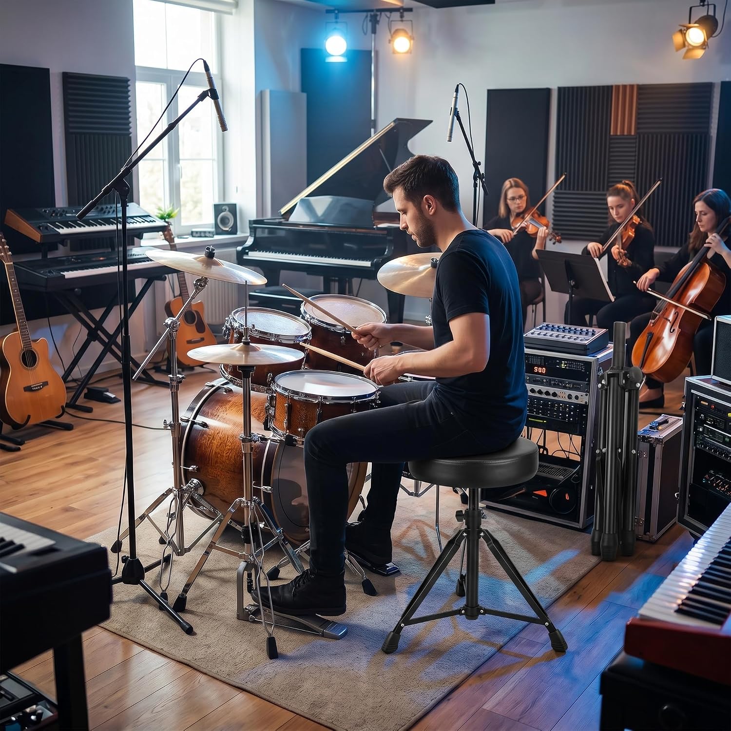 Zerodis Instrumenty Perkusyjne Metalowy Tron ​​​​Perkusyjny o Regulowanej Wysokości z Wygodnym, Wyściełanym Siedziskiem dla Perkusistów i Klawiszowców Obrotowy Stołek Perkusyjny