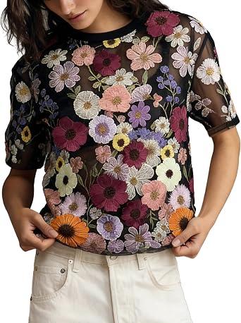 Women's Embroidered Tops 3D Floral Sheer Lace Shirt | See Through Lace Tops, 3D Floral Applique, Short Sleeve Crew Neck Elegant Mesh Blouse, Casual Tee