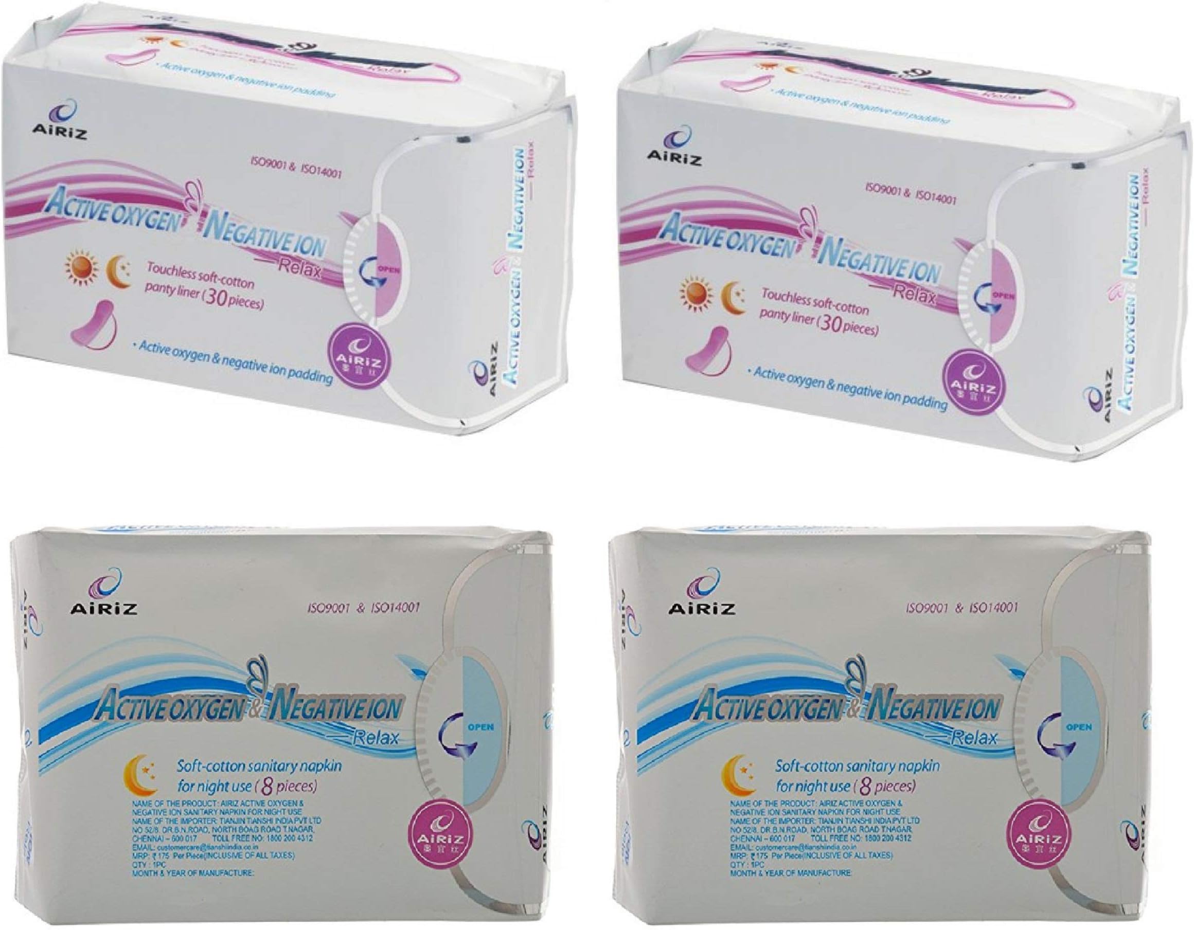 Airiz Active Oxygen and Negative Ion -Relax Touchless Soft Cotton Panty Liner - 60 Pieces & Napkin 16 Pieces