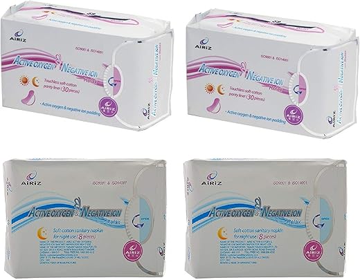 Airiz Active Oxygen and Negative Ion -Relax Touchless Soft Cotton Panty Liner – 60 Pieces & Napkin 16 Pieces