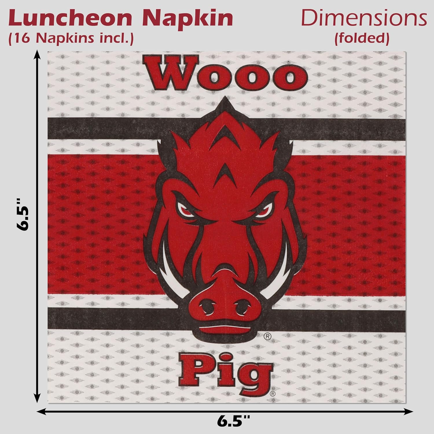 Arkansas Woo Pig Party Set includes 16 of each Dinner Plates and Napkins. Party with Tusk at your next Tailgating, Birthday, any Razorback Event