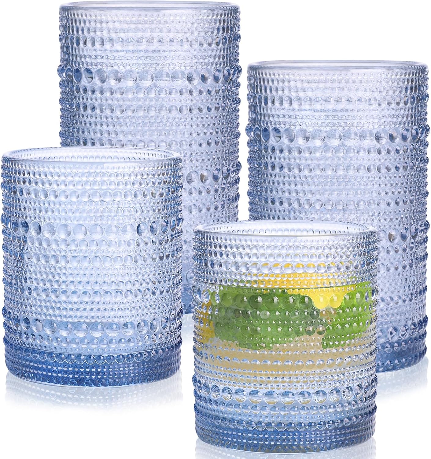 Airsky Blue Vintage Drinking Glasses Set of 4-2 Cocktail Glasses 10 oz & 2 Highball Glasses 12 oz, Fashioned Hobnail Glasses for Beer, Whiskey, Soda, Juice, Coffee, Party Supplies