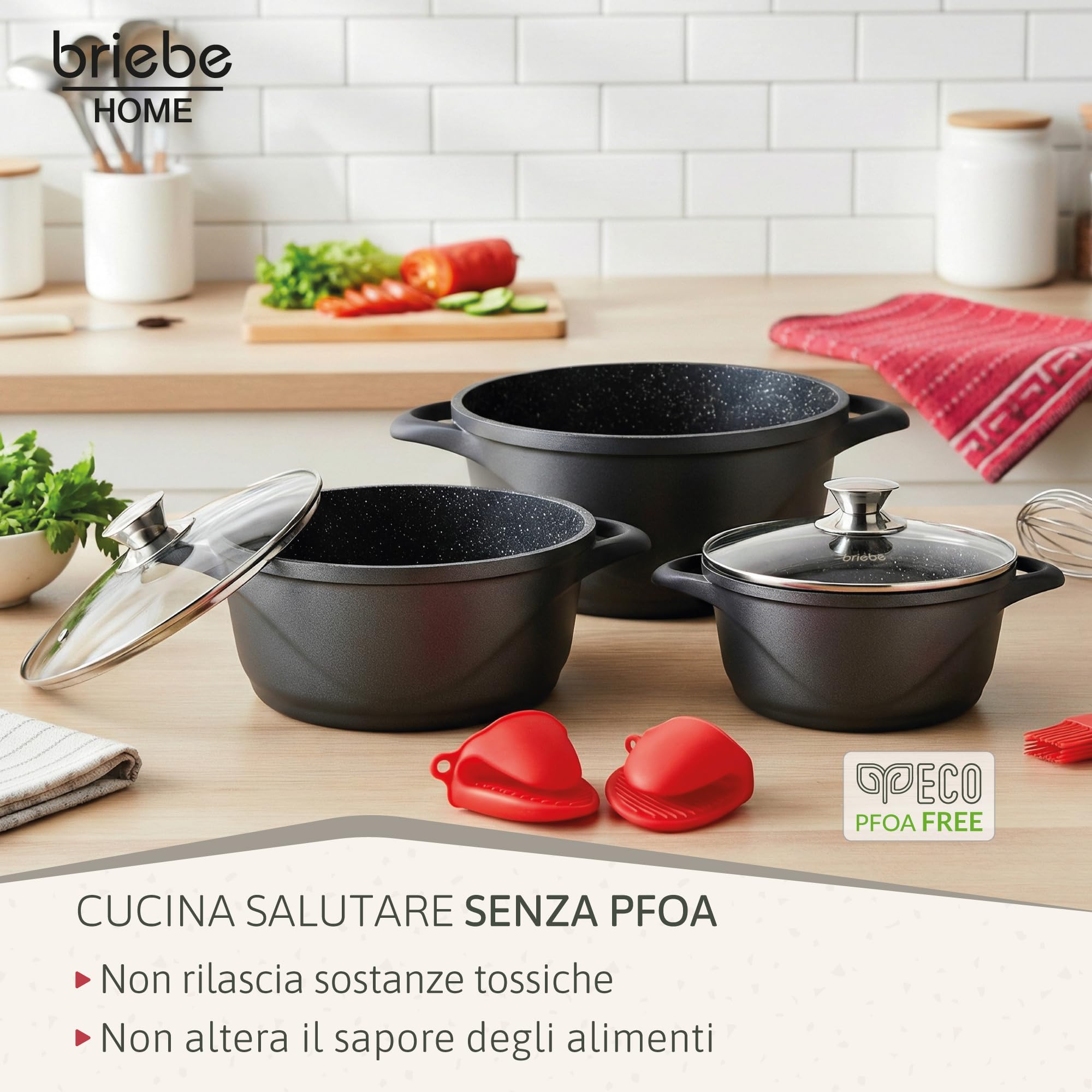briebe Set Pentole Induzione Batteria 6 Pezzi, 3 Casseruola, Alluminio Pressofuso, Antiaderente ILAG GRANITEC senza PFOA, Coperchi in Vetro, Guanti in Silicone, Vetroceramica, Gas, Forno, MGK-18
