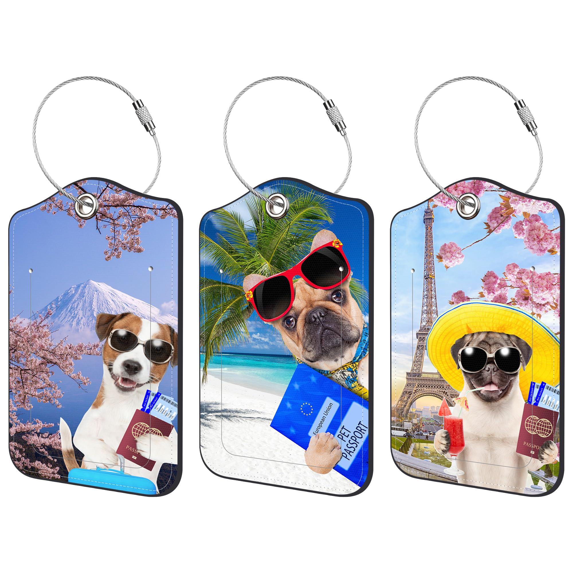 3 Pack Luggage Tags for suitcases Funny Travel Dog Leather Luggage Tag, Identifiers with Privacy Name ID Label and Metal Loop for Men Women Travel Bag