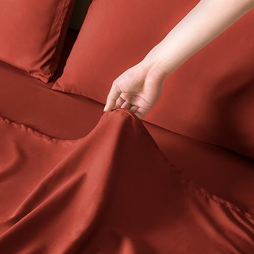 Miniatura 8 de Entisn Juego de sábanas de microfibra cepillada de 4 piezas, tamaño King, 1800 hilos, ultra suaves, de calidad egipcia, sábanas de lujo naranja con
