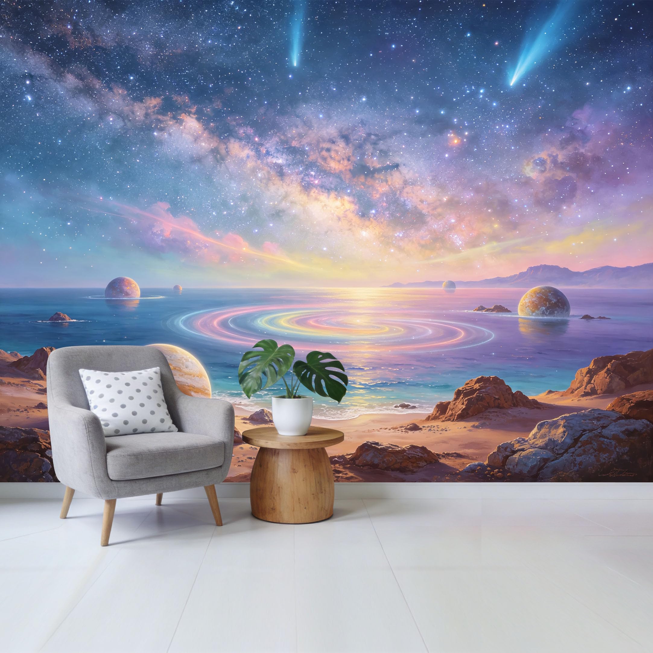 Custom Size Wall Mural Cosmic Ocean Planet Landscape Galaxy Sky Aurora Removable Self Adhesive Fabric Home Wall Decor for Living Room Bedroom Bathroom