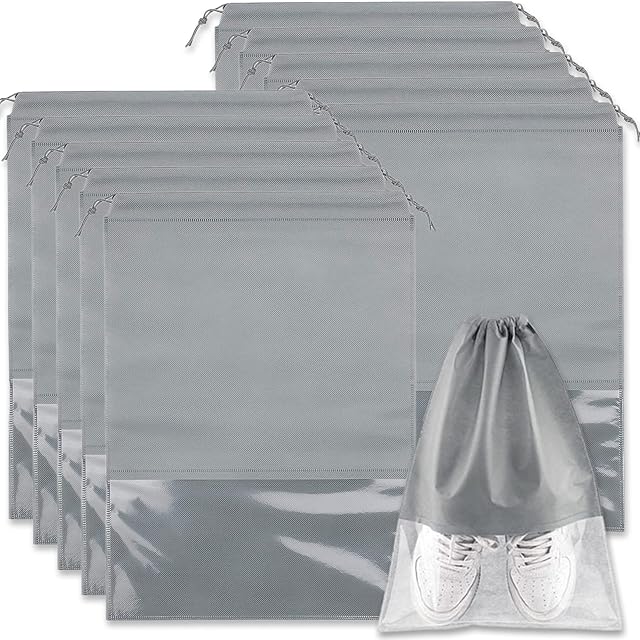 Acehome 10 Pack Large Travel Shoe Bag, Portable Drawstring Shoes Storage Bags Non-Woven Dust Proof Pouch Space Saving Organizer with Transparent Slot for Men Women Daily and Travel Use (Grey)