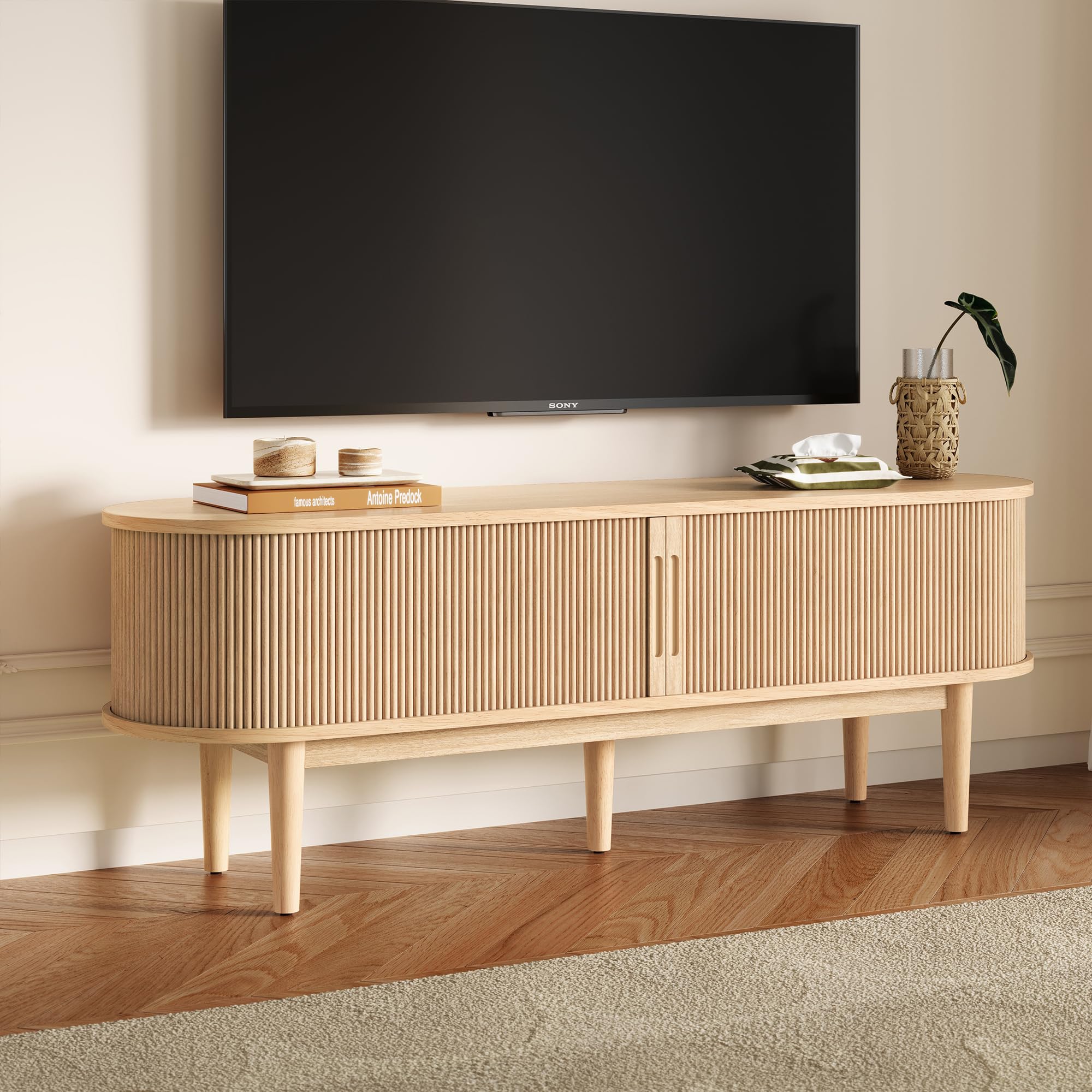 LINSY HOME 58" Fluted TV Stand for TVs up to 65 Inch, Mid Century Modern Entertainment Center with Storage Cabinet and Sliding Doors, Farmhouse Wood