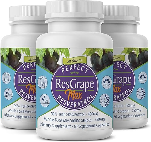 Perfect ResGrape Max, 60 cápsulas vegetales por botella (paquete de 3)  99% Trans-resveratrol y uva muscadina  Suplemento antienvejecimiento y