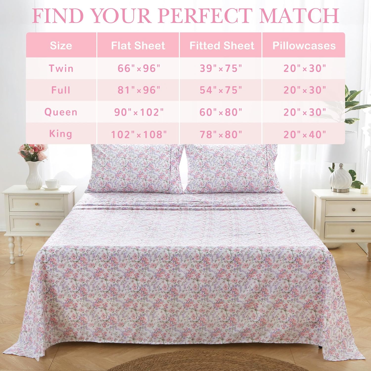 Mooreeke Cozy Vintage Microfiber Printed Queen Sheet Set - Soft Breathable Percale Cotton Floral Bed Sheets with Deep Pocket - Non-Slip Fitted Design - Pink Purple Flowers Pattern - Image 7