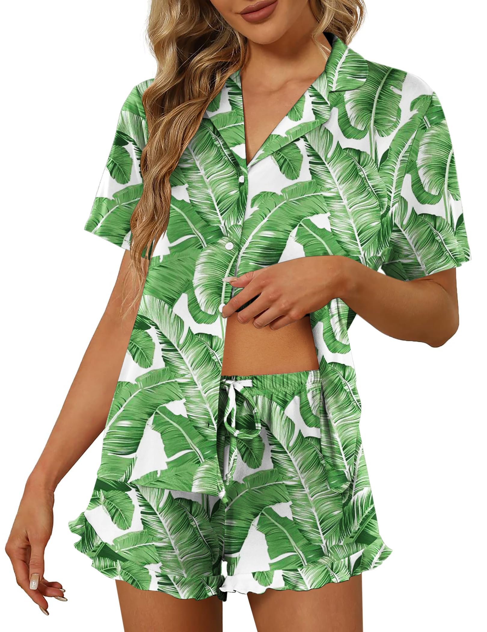 Ekouaer Pajamas Set for Women Short Sleeve Sleepwear Button Down Ruffle Pjs | Soft Pjs Shorts Set, Notch Collar, Lounge Sets for Sleep, Lounge, Wedding, Bridal Party
