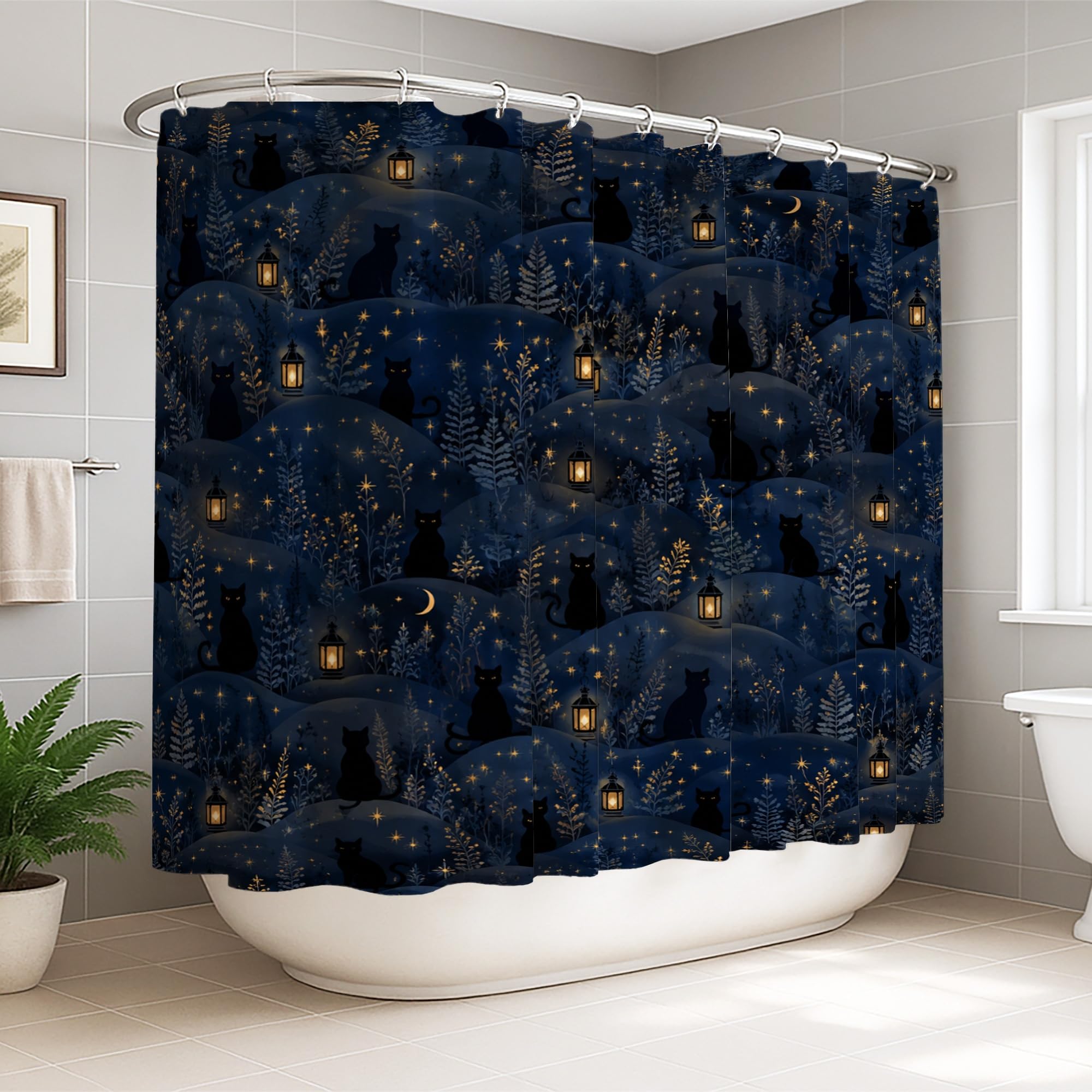 Rideau de douche imperméable et anti-éclaboussures imprimé chat lune bleu marine