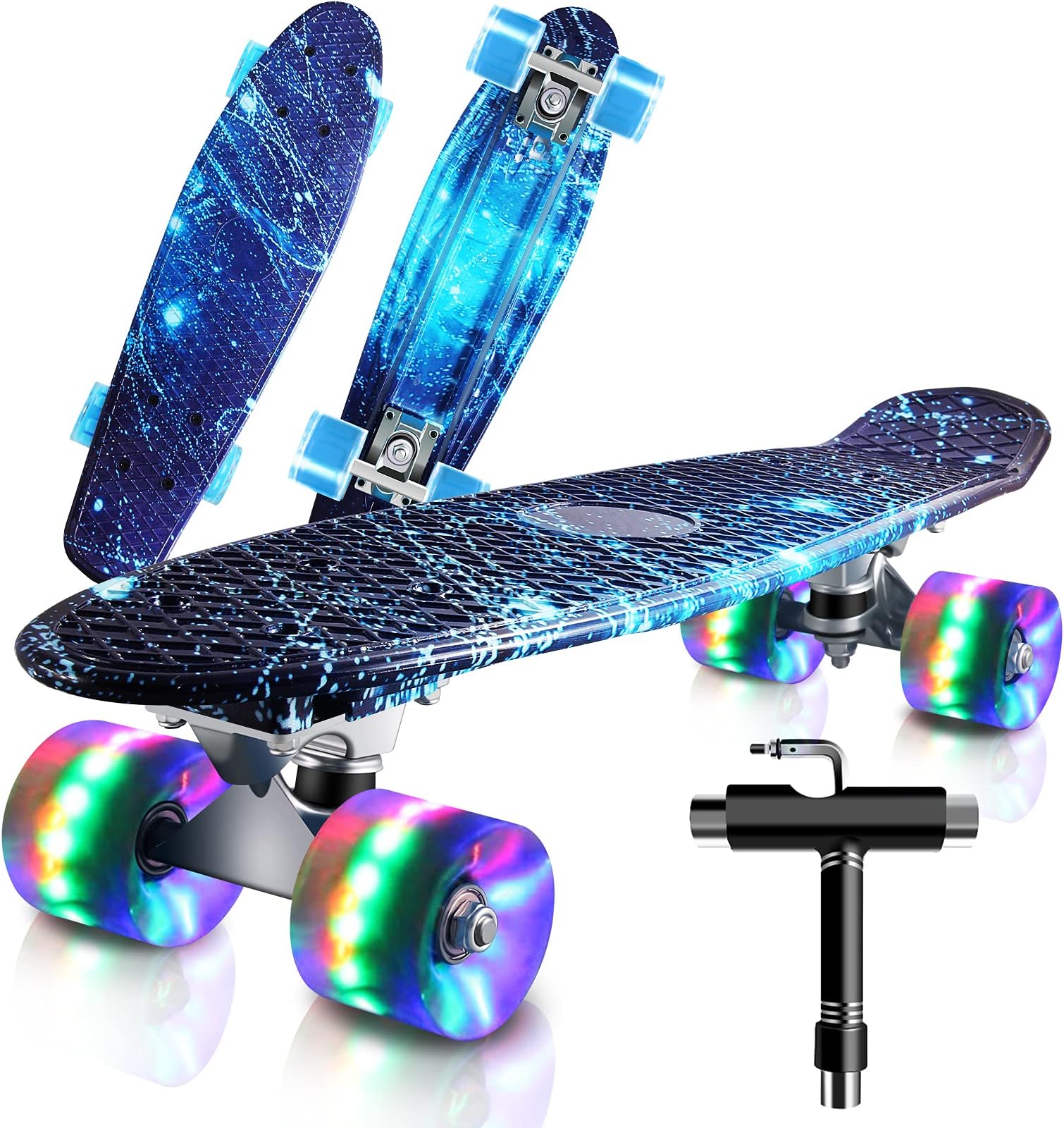 Skateboard Complete Mini Cruiser 22" Retro Skateboard for Kids Teens Adults, LED Light up Wheels With All-in-One Skate T-Tool