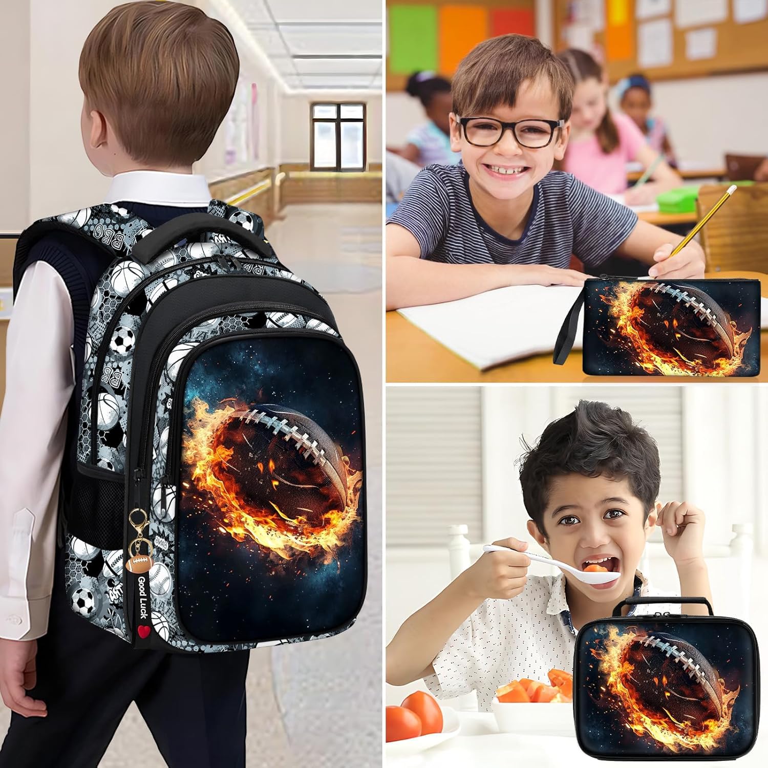 School Backpack for Boys - 4pcs American Football Boys Backpack with Lunch Box Set for Kids Children Teens Elementary Middle School - 17″ Sport Bookbag Travel Back Pack for Age 6-18