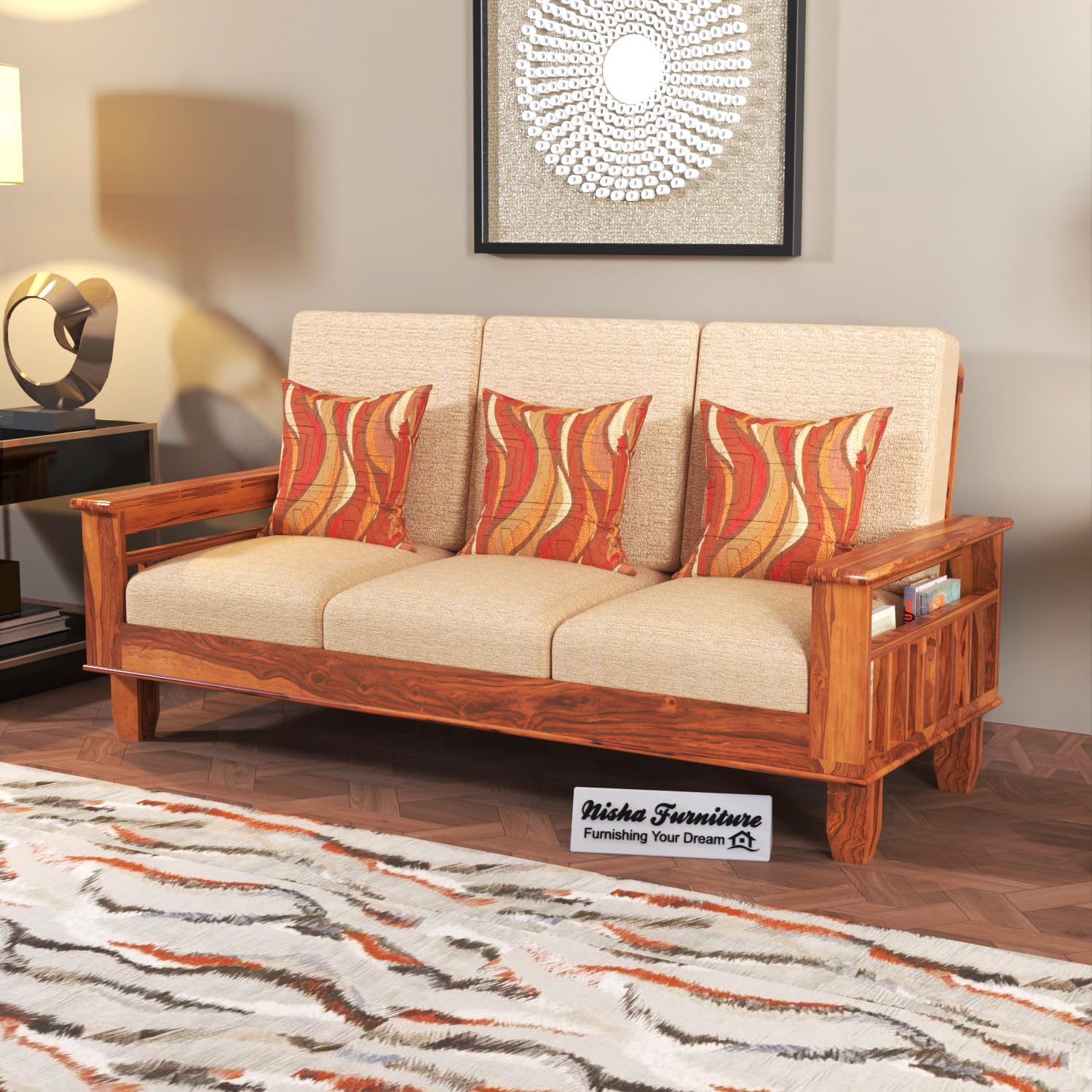 SIGNATURE KRAFT Sheesham Wood 3 Seater Sofa for Living Room and Lounge | Wooden Sofa Set 3 Seater Sofa with Beige Cushions in Natural Teak Finish (B0CTYP42XM) Amazon Price History, Amazon Price Tracker