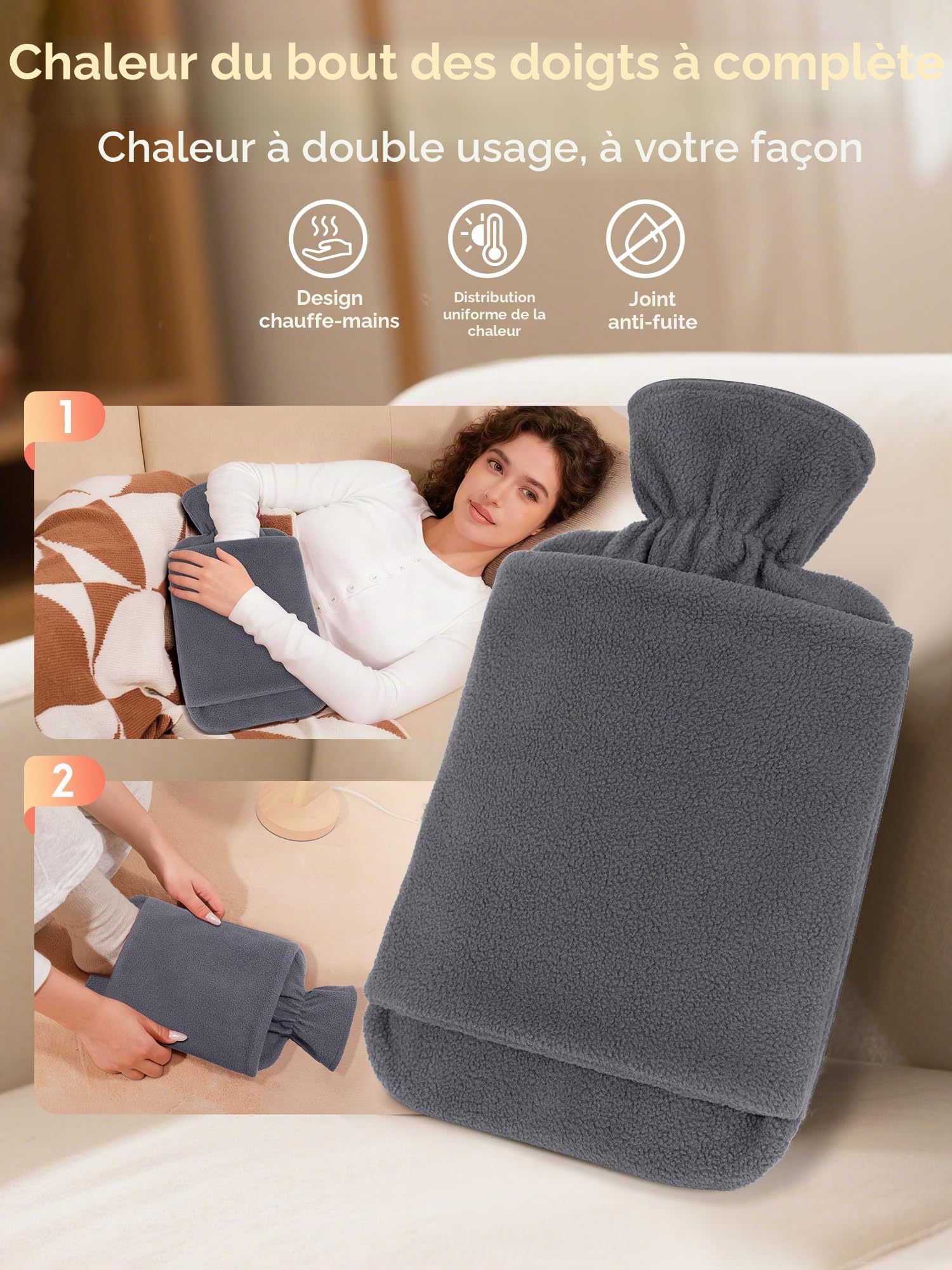 Bouillotte Avec Housse En Non-Tissé - Grande Bouillotte Eau Chaude Anti-Fuite De 2L - Bouillote Douce Avec Poche Kangourou - Pour Enfants Et Adultes (Gris)