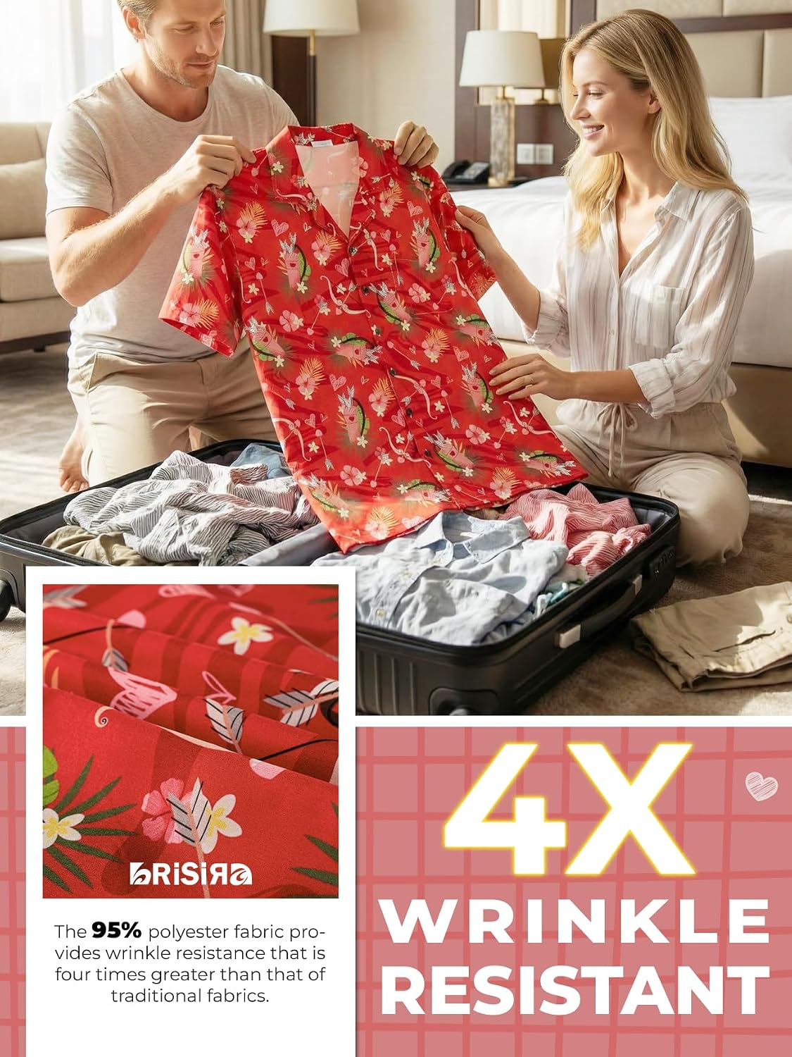 BRISIRA Mens Valentines Shirt Button Down Hawaiian Shirt Short Sleeve Cuban Collar Wrinkle-Resistant & Lightweight, S-3XL