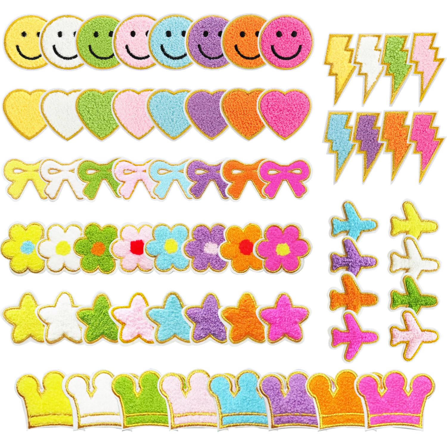 mancyz Chenille Patches, 64 Pieces Embroidered Appliques with Faces, Hearts, Stars, Flowers, 2-3 Inches, Rainbow Colors — image 1