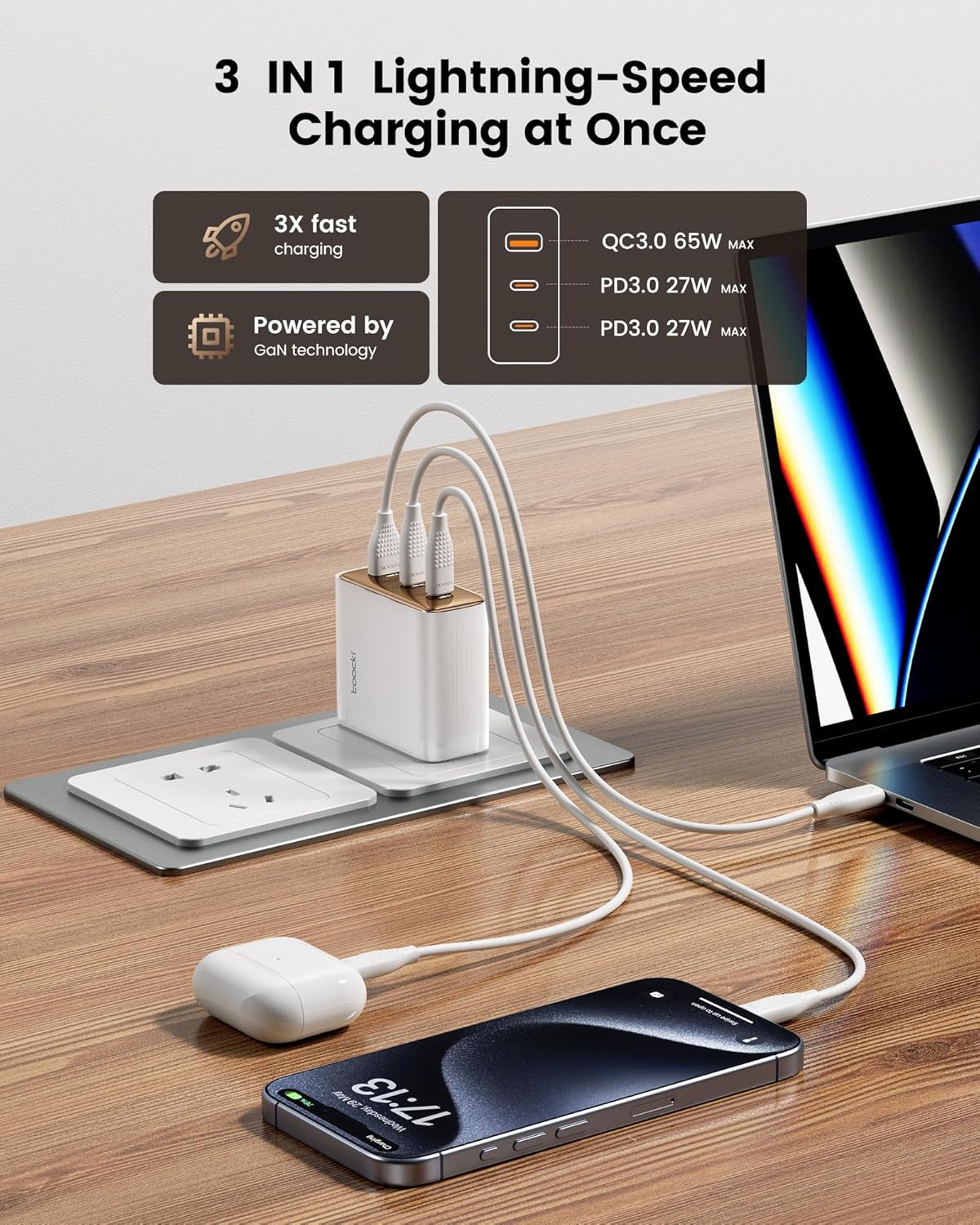 toocki charger powering a laptop, smartphone, and AirPods simultaneously