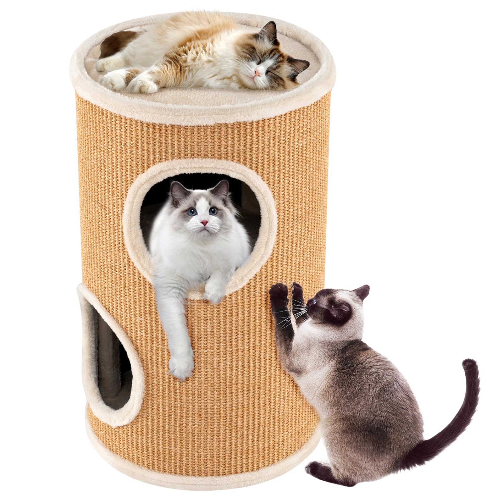 COSTWAY Cat House for Indoor Cats, 3/4-Story Cat Hideaway Cave Bed with Sisal Scratching Pad & Napping Plush Bed, Barrel-Shaped Kitten Condo Pet Playhouse (Brown, 36 x 36 x 59.5cm)