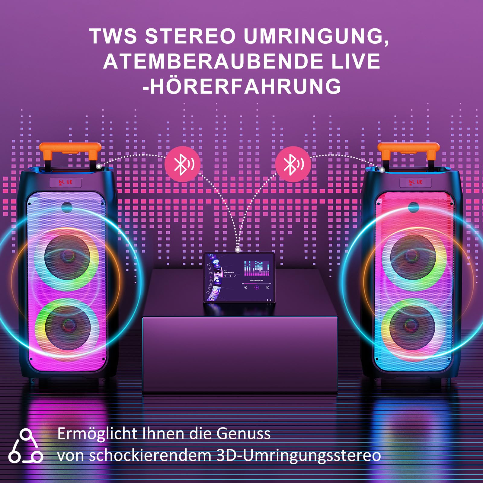 JYX Karaoke Anlage mit 2 drahtlosen Mikrofonen, Bluetooth Party Lautsprecher mit Rädern, Disco Lichtern und Subwoofer, 500W PA System für Party, Outdoor und Karaoke, TWS/SD/USB/AUX/Rec