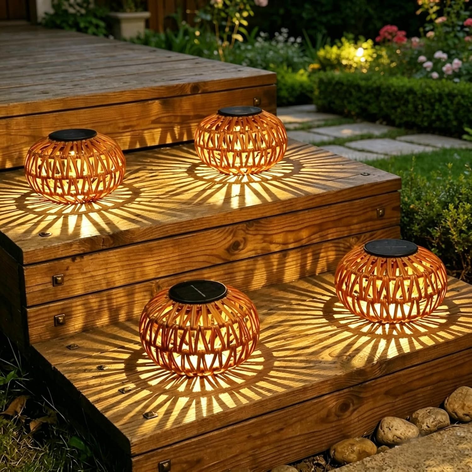 Solar Lights Outdoor Waterproof, 4 Pack Rattan Solar Lantern, Outdoor Solar Lights for Yard, Solar Table Lanterns Decorative, Solar Garden Lights Table Lamp Decor, Outdoor Table Lights Solar Powered