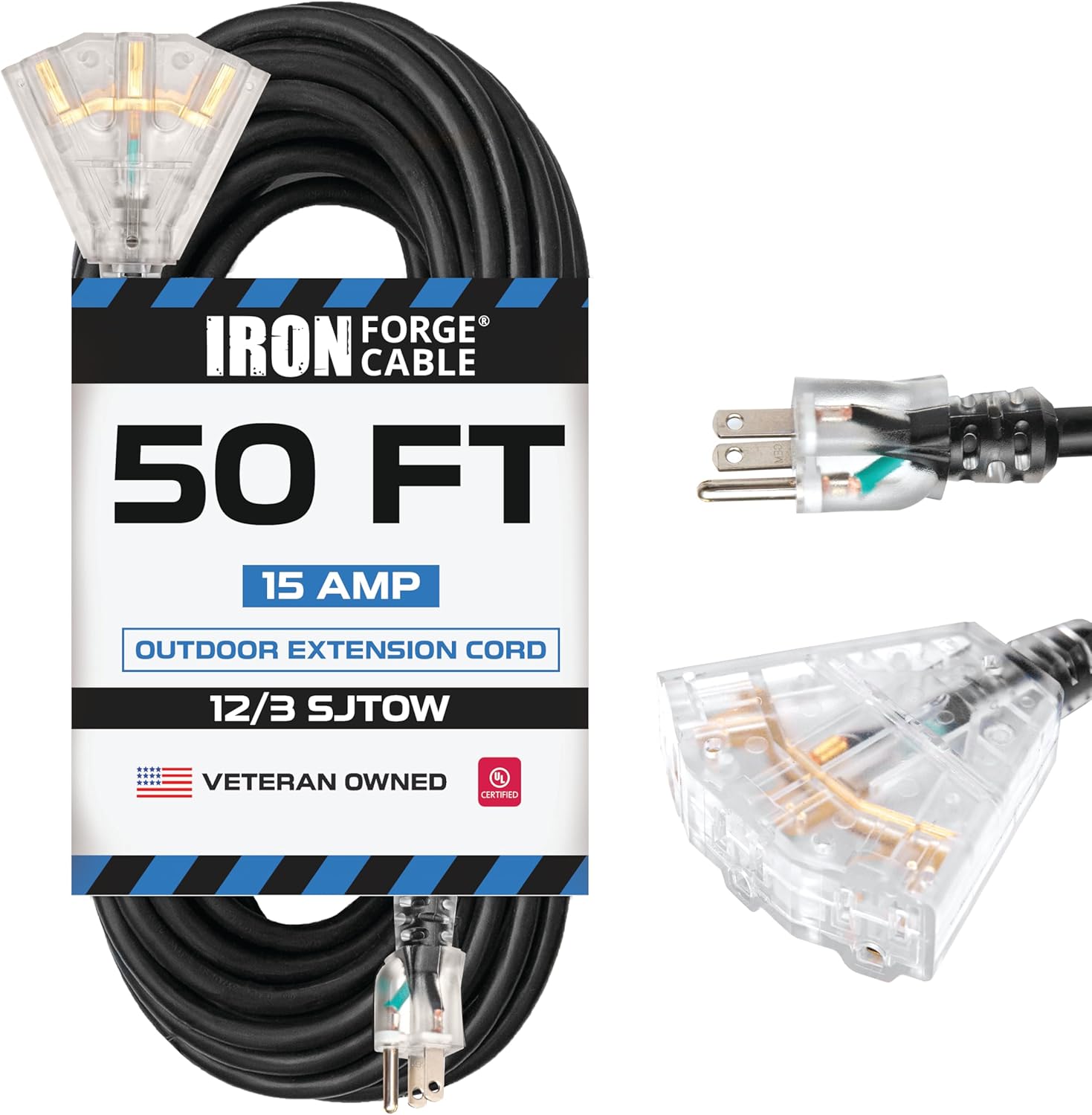 Iron Forge Cable 12 Gauge Extension Cord with Multiple Outlets - Black Heavy Duty Extension Cord 50 ft - 12/3 SJTOW, 3 Prong Lighted Outlet Cords