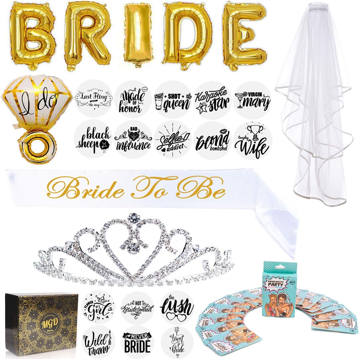 Bachelorette Party Decorations Kit Bridal Shower Supplies and Favors:"Bride to Be" Satin Sash, Rhinestones Tiara, Wedding Veil, Tattoos Pack, "BRIDE" & "I DO" Ring Gold Foil Balloons, Dare Cards Game