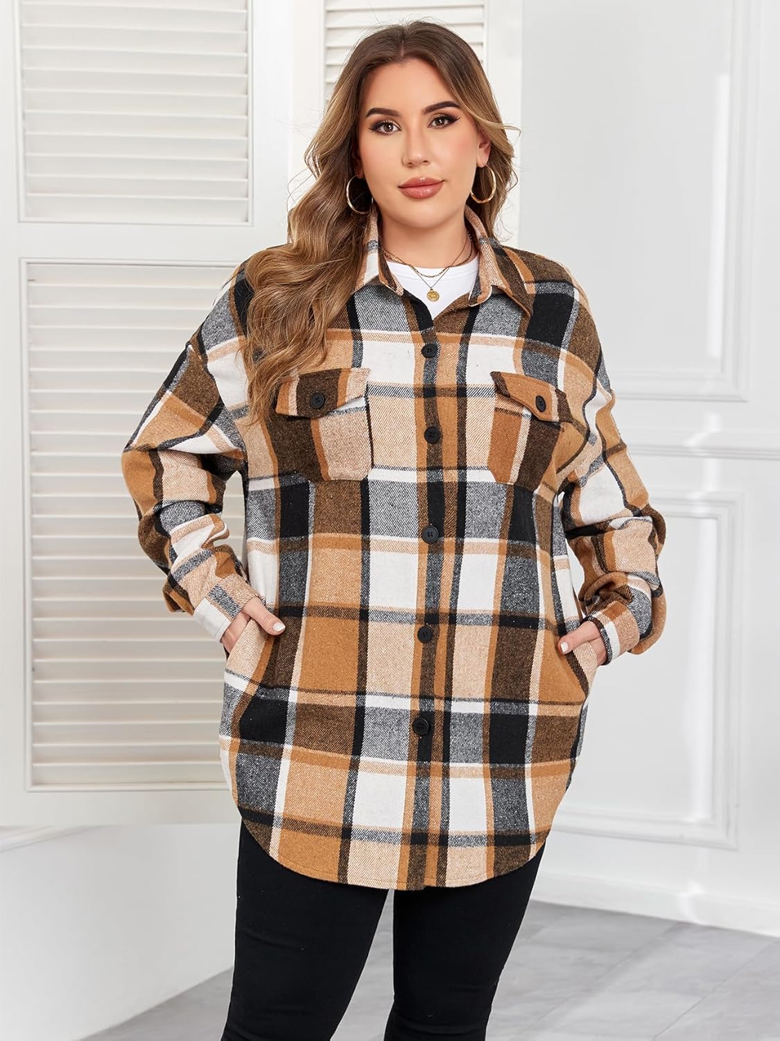 ZOMVA 2025 Women's 1X-5X Plus Size Flannel Plaid Corduroy Shacket Jacket Oversized Button Down Coats Shirts Winter Fall - Image 6