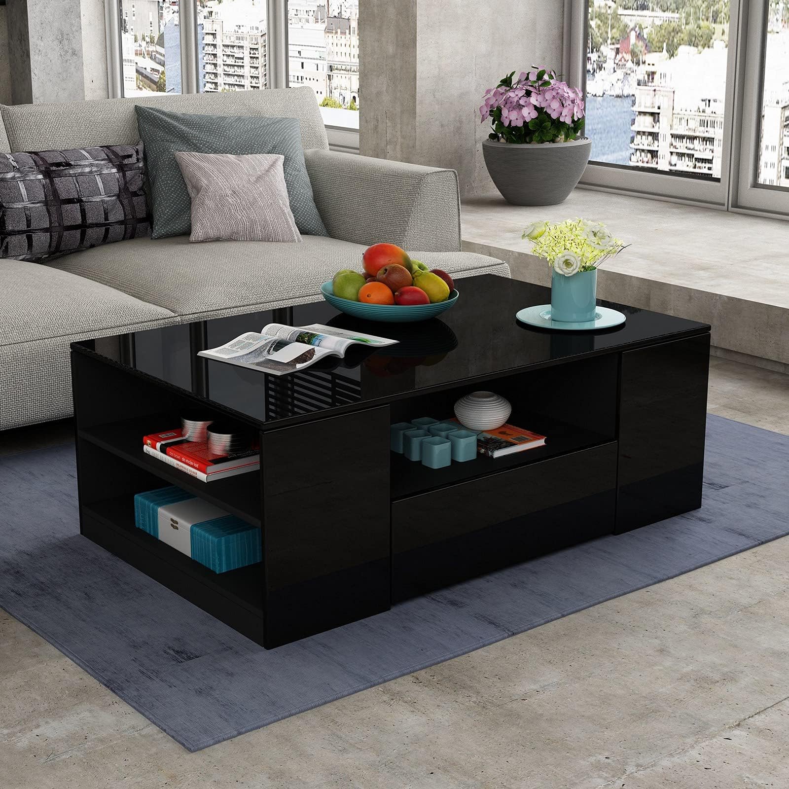 Black Coffee Tables Living Room, Wooden Centre Table High Gloss with 2