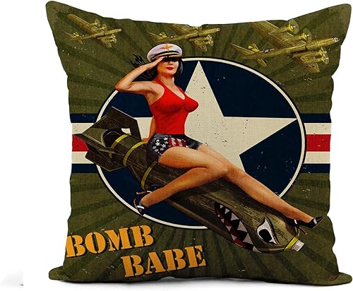 Funda de almohada de lino estilo militar vintage Pin Up Girl on Bomb Retro American de 16 x 16 pulgadas para decoración del hogar, funda de almohada
