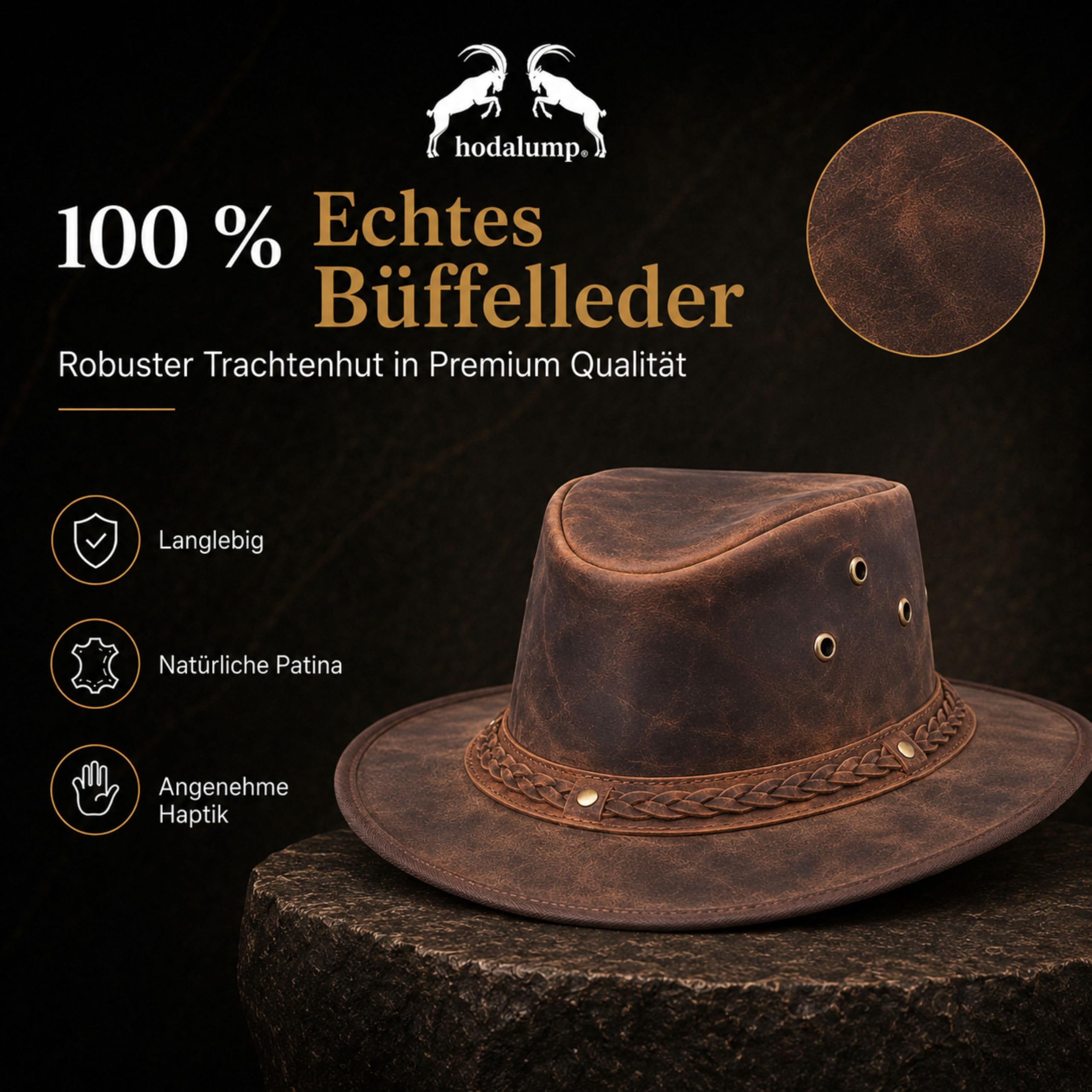 hodalump Lumpi Hut - Trachtenhut aus 100% echtem Büffelleder - Handgefertigter Lederhut im Vintage Look - Trachten Accessoire für Herren & Damen