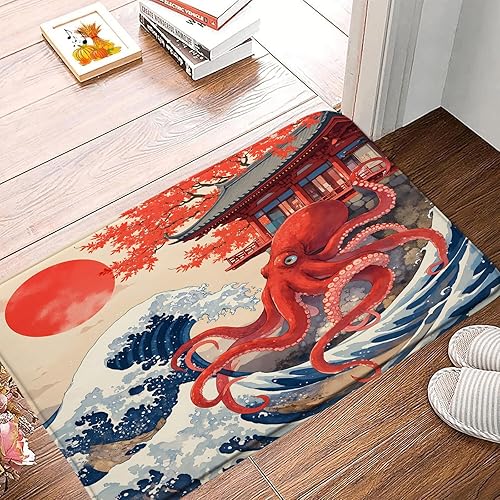 Tapete de baño japonés de pulpo naranja, con diseño de estrellas de cerezo, sol, retro, océano, animal Kraken, vintage, decoración de baño, tapete