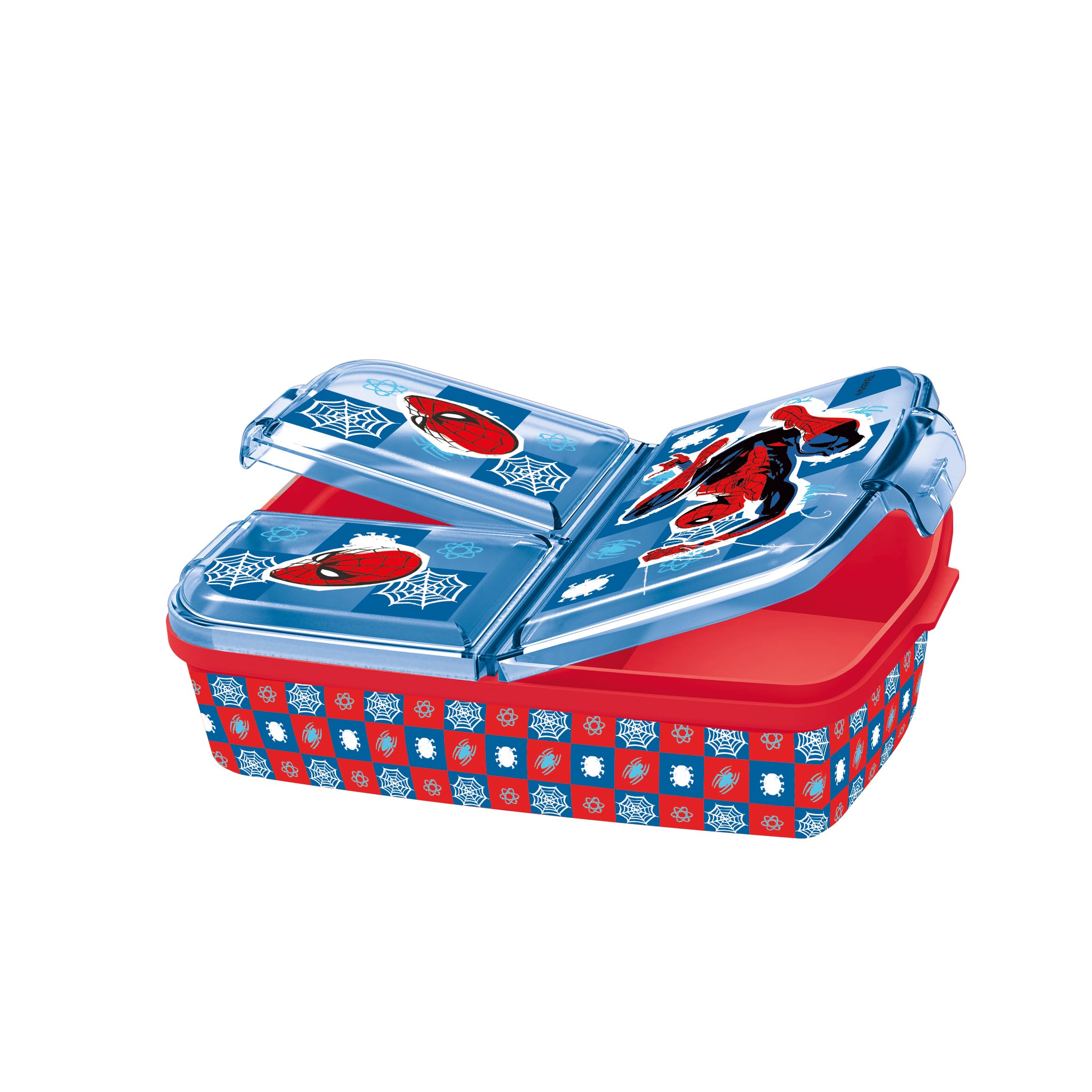 Spiderman Brotdose Kinder - Lunchbox mit 3 Fächern und Clip-Verschlüssen, Bento Snackbox aus Kunststoff - Vesperdose für Kindergarten, Schule und Freizeit